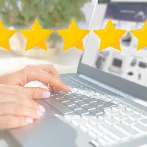 A satisfied customer giving a five-star review online after a positive shopping experience, significantly enhancing the company's SEO with Google Seller Ratings.
